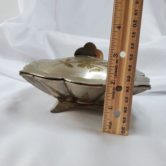 Vintage Silver Tone Brass Inlay Jewelry Trinket Box Floral Design Made in India - Picture 14 of 16